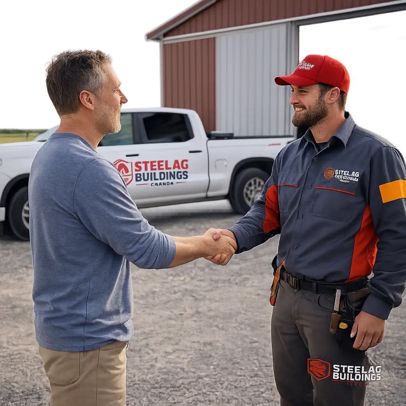 Steel Ag Buildings crew member welcoming a customer at the yard