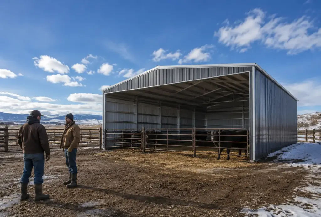 Open-front steel livestock shelter protecting cattle in winter