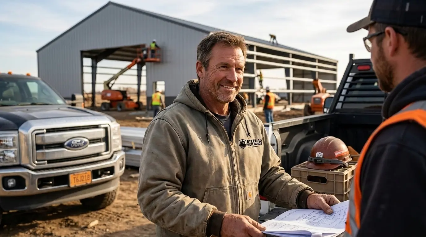 Steel Ag Buildings owner reviewing build plans on site
