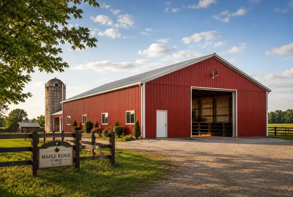 Red steel barn with overhead door and silo on a Canadian farm
