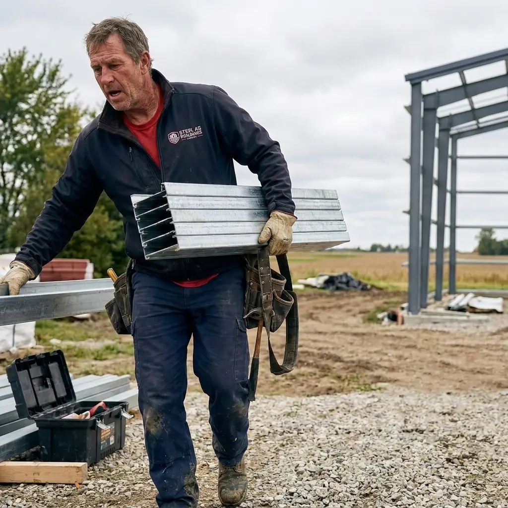 Steel Ag Buildings worker on site carrying material