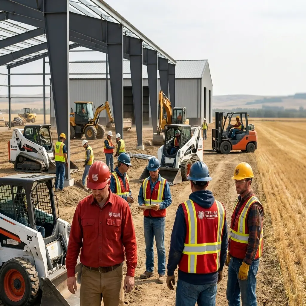 Steel Ag Buildings crew assembling a metal ag structure