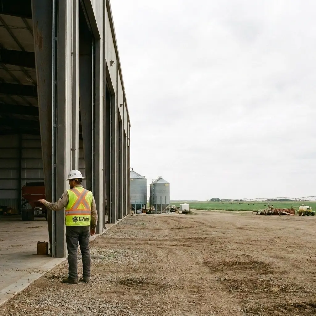 Steel Ag Buildings worker looking at a completed ag storage building