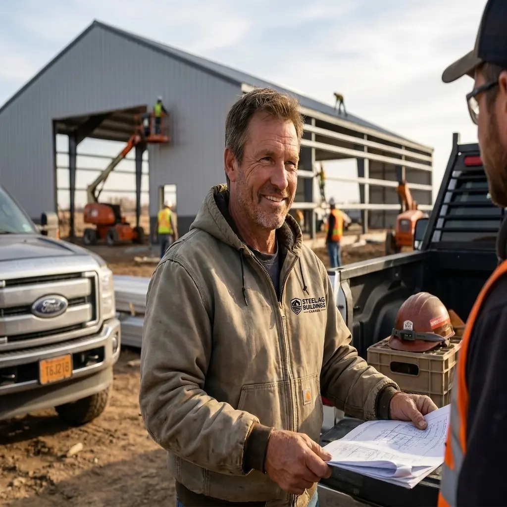 Steel Ag Buildings contractor reviewing plans at agricultural steel building construction site in Canada