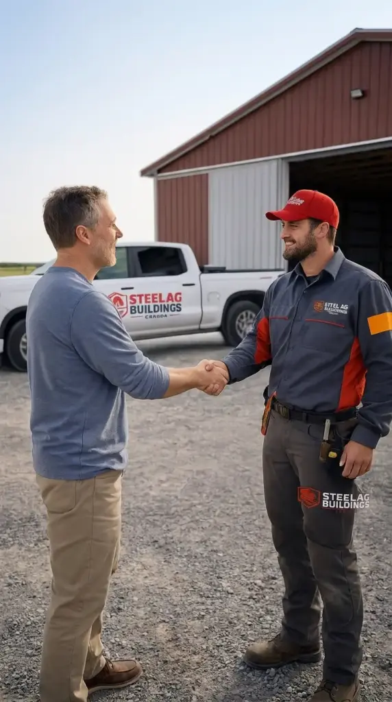 Steel Ag Buildings Owner and customer shaking hands at a job site in Canada